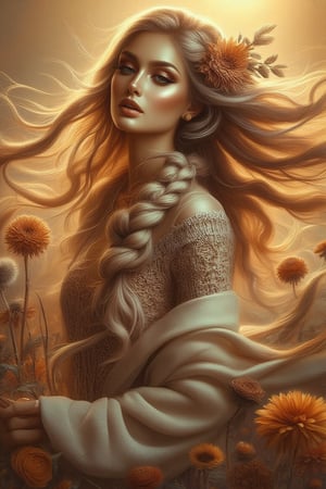 A whimsical digital portrait captures a stunning woman in a 3/4 view, reminiscent of Impasto painting her long, flowing locks dancing with the wind, tinted with subtle color hues. Adorned in bohemian attire, she stands amidst a kaleidoscope of colors, and rich dandelions. A dry flower elegantly woven into her braided hair adds an air of mystique, and golden sunlight to her skin. The composition is set against a warm, sunlit backdrop, the wind whispers secrets as the subject's gaze meets the viewer's, exuding a captivating blend of femininity and natural beauty.