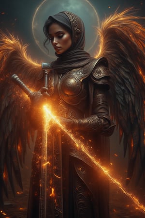 A divine archangel stands amidst a darkened sky, hijab flowing like a celestial banner behind her. Radiant sword gleams with kinetic energy as it slashes through the air, ethereal armor aglow with an otherworldly light casting an eerie glow on her features. The sword's blazing speed leaves a trail of fiery sparks and embers suspended in mid-air, time frozen, emphasizing the intensity of her strike.