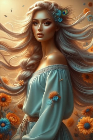 A whimsical digital portrait captures a stunning woman in a 3/4 view, reminiscent of Impasto painting her long, flowing locks dancing with the wind, tinted with subtle cyan hues. Adorned in baby blue bohemian attire, she stands amidst a kaleidoscope of orange, cyan, and rich brown flowers. A peacock feather elegantly woven into her braided hair adds an air of mystique, and golden sunlight to her skin. The composition is set against a warm, sunlit backdrop, the wind whispers secrets as the subject's gaze meets the viewer's, exuding a captivating blend of femininity and natural beauty.