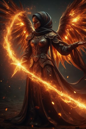 A dynamic tableau: a radiant hijabi archangel, ethereal armor aglow, whips her sword through the darkness, its fiery arc curving like a celestial crescent. The blade's blazing speed freezes time, suspending embers and light streaks in mid-air as she unleashes her divine fury upon the night sky.