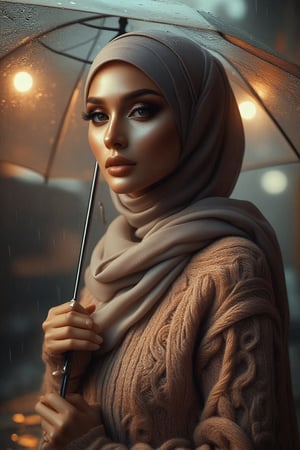 Prompt: In a cinematic setting bathed in moody lighting, a stunning lady wearing a hijab and modestly intricately long knitwear stands confidently amidst torrential rain, her flawless complexion radiating warmth against the grey backdrop. Framed by the rain-soaked environment, she grasps a transparent umbrella, its colors popping against the drizzle. Her defined eyebrows and subtle eyeshadow accentuate her detailed eyes, while invitingly plump lips seem to beckon the viewer. The photorealistic rendering is so lifelike that raindrops glistening on her hijab appear ready to be touched.