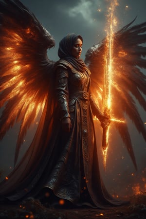 A divine archangel stands amidst a darkened sky, hijab flowing like a celestial banner behind her. Radiant sword gleams with kinetic energy as it slashes through the air, ethereal armor aglow with an otherworldly light casting an eerie glow on her features. The sword's blazing speed leaves a trail of fiery sparks and embers suspended in mid-air, time frozen, emphasizing the intensity of her strike.