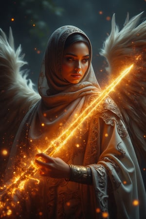 A divine archangel, hijab flowing behind her like a celestial banner, unleashes a burst of kinetic energy as she slashes her radiant sword through the darkened sky. Ethereal armor glows with an otherworldly light, casting an ethereal glow on her features. The sword's blazing speed leaves a trail of fiery sparks and embers suspended in mid-air, as if time itself has been frozen, emphasizing the intensity of her strike.