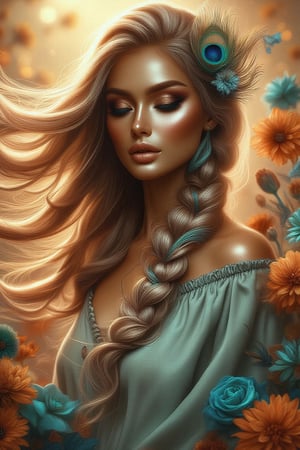 A whimsical digital portrait captures a stunning woman in a 3/4 view, reminiscent of Impasto painting her long, flowing locks dancing with the wind, tinted with subtle cyan hues. Adorned in baby blue bohemian attire, she stands amidst a kaleidoscope of orange, cyan, and rich brown flowers. A peacock feather elegantly woven into her braided hair adds an air of mystique, and golden sunlight to her skin. The composition is set against a warm, sunlit backdrop, the wind whispers secrets as the subject's gaze meets the viewer's, exuding a captivating blend of femininity and natural beauty.