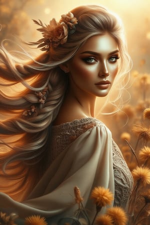 A whimsical digital portrait captures a stunning woman in a 3/4 view, reminiscent of Impasto painting her long, flowing locks dancing with the wind, tinted with subtle color hues. Adorned in bohemian attire, she stands amidst a kaleidoscope of colors, and rich dandelions. A dry flower elegantly woven into her braided hair adds an air of mystique, and golden sunlight to her skin. The composition is set against a warm, sunlit backdrop, the wind whispers secrets as the subject's gaze meets the viewer's, exuding a captivating blend of femininity and natural beauty.