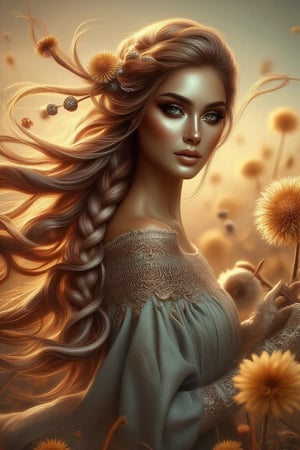 A whimsical digital portrait captures a stunning woman in a 3/4 view, reminiscent of Impasto painting her long, flowing locks dancing with the wind, tinted with subtle color hues. Adorned in bohemian attire, she stands amidst a kaleidoscope of colors, and rich dandelions. A dry flower elegantly woven into her braided hair adds an air of mystique, and golden sunlight to her skin. The composition is set against a warm, sunlit backdrop, the wind whispers secrets as the subject's gaze meets the viewer's, exuding a captivating blend of femininity and natural beauty.