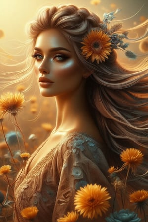 A whimsical digital portrait captures a stunning woman in a 3/4 view, reminiscent of Impasto painting her long, flowing locks dancing with the wind, tinted with subtle color hues. Adorned in bohemian attire, she stands amidst a kaleidoscope of colors, and rich dandelions. A dry flower elegantly woven into her braided hair adds an air of mystique, and golden sunlight to her skin glow with an otherworldly radiance. The composition is set against a warm, sunlit backdrop, the wind whispers secrets as the subject's gaze meets the viewer's, exuding a captivating blend of femininity and natural beauty.