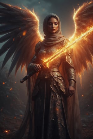 A divine archangel stands amidst a darkened sky, hijab flowing like a celestial banner behind her. Radiant sword gleams with kinetic energy as it slashes through the air, ethereal armor aglow with an otherworldly light casting an eerie glow on her features. The sword's blazing speed leaves a trail of fiery sparks and embers suspended in mid-air, time frozen, emphasizing the intensity of her strike.