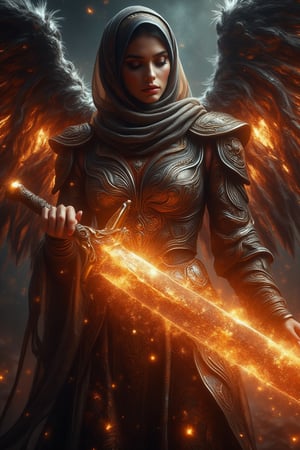 A divine archangel stands amidst a darkened sky, hijab flowing like a celestial banner behind her. Radiant sword gleams with kinetic energy as it slashes through the air, ethereal armor aglow with an otherworldly light casting an eerie glow on her features. The sword's blazing speed leaves a trail of fiery sparks and embers suspended in mid-air, time frozen, emphasizing the intensity of her strike.