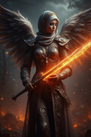 A divine archangel stands amidst a darkened sky, hijab flowing like a celestial banner behind her. Radiant sword gleams with kinetic energy as it slashes through the air, ethereal armor aglow with an otherworldly light casting an eerie glow on her features. The sword's blazing speed leaves a trail of fiery sparks and embers suspended in mid-air, time frozen, emphasizing the intensity of her strike.