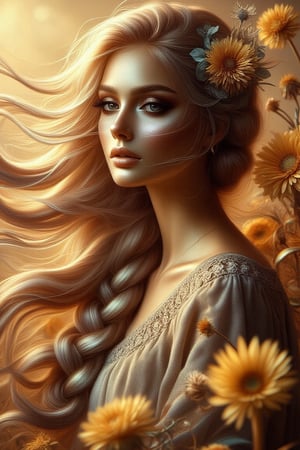 A whimsical digital portrait captures a stunning woman in a 3/4 view, reminiscent of Impasto painting her long, flowing locks dancing with the wind, tinted with subtle color hues. Adorned in bohemian attire, she stands amidst a kaleidoscope of colors, and rich dandelions. A dry flower elegantly woven into her braided hair adds an air of mystique, and golden sunlight to her skin. The composition is set against a warm, sunlit backdrop, the wind whispers secrets as the subject's gaze meets the viewer's, exuding a captivating blend of femininity and natural beauty.