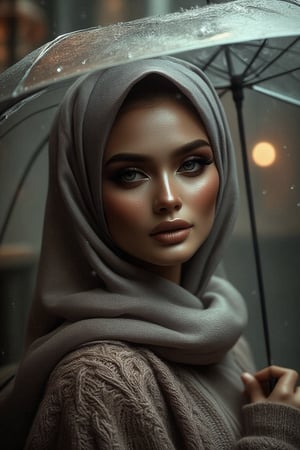 Prompt: In a cinematic setting bathed in moody lighting, a stunning lady wearing a hijab and modestly intricately long knitwear stands confidently amidst torrential rain, her flawless complexion radiating warmth against the grey backdrop. Framed by the rain-soaked environment, she grasps a transparent umbrella, its colors popping against the drizzle. Her defined eyebrows and subtle eyeshadow accentuate her detailed eyes, while invitingly plump lips seem to beckon the viewer. The photorealistic rendering is so lifelike that raindrops glistening on her hijab appear ready to be touched.