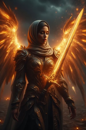 A divine archangel stands amidst a darkened sky, hijab flowing like a celestial banner behind her. Radiant sword gleams with kinetic energy as it slashes through the air, ethereal armor aglow with an otherworldly light casting an eerie glow on her features. The sword's blazing speed leaves a trail of fiery sparks and embers suspended in mid-air, time frozen, emphasizing the intensity of her strike.