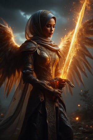 A divine archangel stands amidst a darkened sky, hijab flowing like a celestial banner behind her. Radiant sword gleams with kinetic energy as it slashes through the air, ethereal armor aglow with an otherworldly light casting an eerie glow on her features. The sword's blazing speed leaves a trail of fiery sparks and embers suspended in mid-air, time frozen, emphasizing the intensity of her strike.