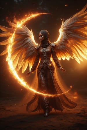 A dynamic tableau: a radiant hijabi archangel, ethereal armor aglow, whips her sword through the darkness, its fiery arc curving like a celestial crescent. The blade's blazing speed freezes time, suspending embers and light streaks in mid-air as she unleashes her divine fury upon the night sky.