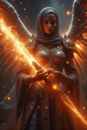 A divine archangel, hijab flowing behind her like a celestial banner, unleashes a burst of kinetic energy as she slashes her radiant sword through the darkened sky. Ethereal armor glows with an otherworldly light, casting an ethereal glow on her features. The sword's blazing speed leaves a trail of fiery sparks and embers suspended in mid-air, as if time itself has been frozen, emphasizing the intensity of her strike.