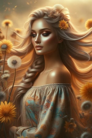 A whimsical digital portrait captures a stunning woman in a 3/4 view, reminiscent of Impasto painting her long, flowing locks dancing with the wind, tinted with subtle color hues. Adorned in bohemian attire, she stands amidst a kaleidoscope of colors, and rich dandelions. A dry flower elegantly woven into her braided hair adds an air of mystique, and golden sunlight to her skin. The composition is set against a warm, sunlit backdrop, the wind whispers secrets as the subject's gaze meets the viewer's, exuding a captivating blend of femininity and natural beauty.