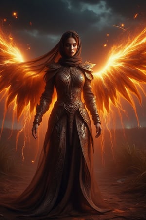 A divine archangel stands amidst a darkened sky, hijab flowing like a celestial banner behind her. Radiant sword gleams with kinetic energy as it slashes through the air, ethereal armor aglow with an otherworldly light casting an eerie glow on her features. The sword's blazing speed leaves a trail of fiery sparks and embers suspended in mid-air, time frozen, emphasizing the intensity of her strike.