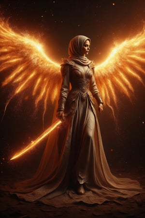 A dynamic tableau: a radiant hijabi archangel, ethereal armor aglow, whips her sword through the darkness, its fiery arc curving like a celestial crescent. The blade's blazing speed freezes time, suspending embers and light streaks in mid-air as she unleashes her divine fury upon the night sky.