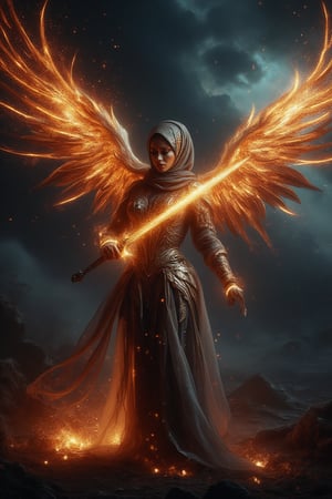 A divine archangel stands amidst a darkened sky, hijab flowing like a celestial banner behind her. Radiant sword gleams with kinetic energy as it slashes through the air, ethereal armor aglow with an otherworldly light casting an eerie glow on her features. The sword's blazing speed leaves a trail of fiery sparks and embers suspended in mid-air, time frozen, emphasizing the intensity of her strike.