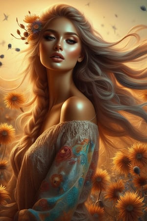 A whimsical digital portrait captures a stunning woman in a 3/4 view, reminiscent of Impasto painting her long, flowing locks dancing with the wind, tinted with subtle color hues. Adorned in bohemian attire, she stands amidst a kaleidoscope of colors, and rich dandelions. A dry flower elegantly woven into her braided hair adds an air of mystique, and golden sunlight to her skin. The composition is set against a warm, sunlit backdrop, the wind whispers secrets as the subject's gaze meets the viewer's, exuding a captivating blend of femininity and natural beauty.