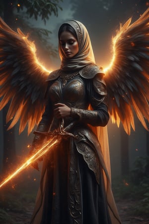 A divine archangel stands amidst a darkened sky, hijab flowing like a celestial banner behind her. Radiant sword gleams with kinetic energy as it slashes through the air, ethereal armor aglow with an otherworldly light casting an eerie glow on her features. The sword's blazing speed leaves a trail of fiery sparks and embers suspended in mid-air, time frozen, emphasizing the intensity of her strike.