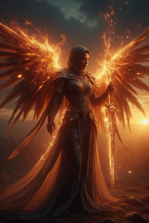 A divine archangel stands amidst a darkened sky, hijab flowing like a celestial banner behind her. Radiant sword gleams with kinetic energy as it slashes through the air, ethereal armor aglow with an otherworldly light casting an eerie glow on her features. The sword's blazing speed leaves a trail of fiery sparks and embers suspended in mid-air, time frozen, emphasizing the intensity of her strike.