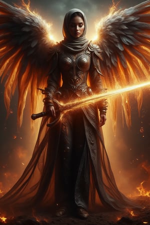 A heavenly archangel stands majestically amidst a darkened sky, hijab flowing like a celestial banner behind her, with radiant sword gleaming with kinetic energy as it slashes through the air. Ethereal armor aglow with an otherworldly light casts an eerie glow on her features. The sword's blazing speed leaves a trail of fiery sparks and embers suspended in mid-air, time frozen, emphasizing the intensity of her strike against the darkened sky.