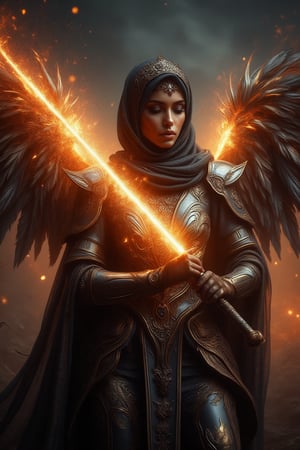 A divine archangel stands amidst a darkened sky, hijab flowing like a celestial banner behind her. Radiant sword gleams with kinetic energy as it slashes through the air, ethereal armor aglow with an otherworldly light casting an eerie glow on her features. The sword's blazing speed leaves a trail of fiery sparks and embers suspended in mid-air, time frozen, emphasizing the intensity of her strike.