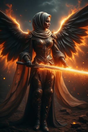 A divine archangel stands amidst a darkened sky, hijab flowing like a celestial banner behind her. Radiant sword gleams with kinetic energy as it slashes through the air, ethereal armor aglow with an otherworldly light casting an eerie glow on her features. The sword's blazing speed leaves a trail of fiery sparks and embers suspended in mid-air, time frozen, emphasizing the intensity of her strike.