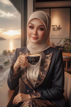 Close-up, 3/4 angle shot from outside transparent window: a stunning Malay woman with her hijab neatly worn, seated in a luxurious coffee café. She exudes elegance in exquisite office attire, serene expression, sweet smile looking at the camera lens, savoring a cup of coffee with 'TEJA' engraved on it. Through the window, a breathtaking sunset over the sea unfolds, blending cultural charm and contemporary style. Her poise radiates amidst the relaxed urban setting.  