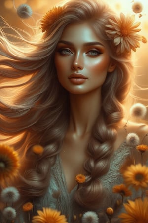 A whimsical digital portrait captures a stunning woman in a 3/4 view, reminiscent of Impasto painting her long, flowing locks dancing with the wind, tinted with subtle color hues. Adorned in bohemian attire, she stands amidst a kaleidoscope of colors, and rich dandelions. A dry flower elegantly woven into her braided hair adds an air of mystique, and golden sunlight to her skin. The composition is set against a warm, sunlit backdrop, the wind whispers secrets as the subject's gaze meets the viewer's, exuding a captivating blend of femininity and natural beauty.