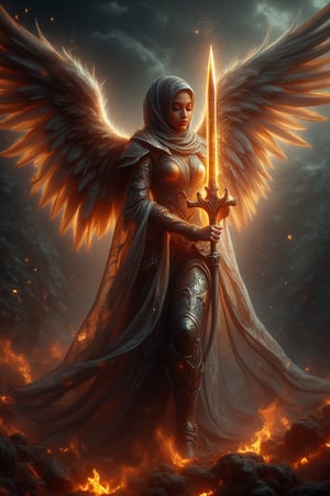 A divine archangel stands amidst a darkened sky, hijab flowing like a celestial banner behind her. Radiant sword gleams with kinetic energy as it slashes through the air, ethereal armor aglow with an otherworldly light casting an eerie glow on her features. The sword's blazing speed leaves a trail of fiery sparks and embers suspended in mid-air, time frozen, emphasizing the intensity of her strike.