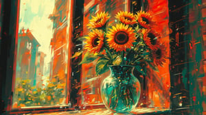 
a digital-art anime illustration in the style of Makoto Shinkai. Use a Dutch-Angle shot side view with visible black drawn outlines on the vase and sunflowers. Depict a vibrant bouquet of orange and yellow sunflowers in a clear glass vase with a hint of teal, on a wooden windowsill. The clear vase should reveal the stems and reflect shimmering light, with sunlight streaming in to illuminate the scene. Show a brick wall with a partly cloudy sky and lush greenery through the window. Surround the vase with smaller yellow-orange flowers and leafy plants. Use a crisp, painterly, slightly graphical style to convey a sunny, idyllic atmosphere. Cycle

