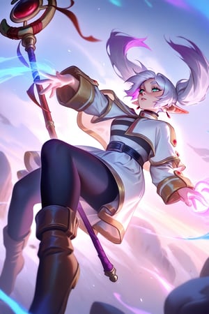 best quality, masterpiece \(quality\), L0LSPL4SH, year2024, year2023, Frieren, grey hair, twintails, white clothing,  white skirt, black tights, staff, flying, casting magic, dynamic, vivid colors,