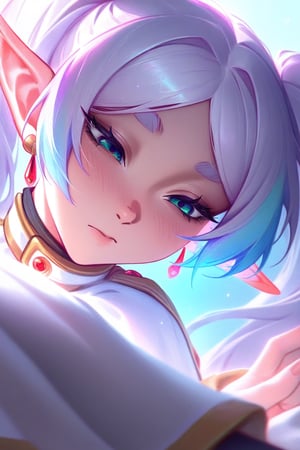 best quality, masterpiece \(quality\), L0LSPL4SH, year2024, year2023, Frieren, grey hair, twintails, white clothing,  white skirt, black tights, vivid colors, emotional, looks down, portrait, close-up shot, face focus,