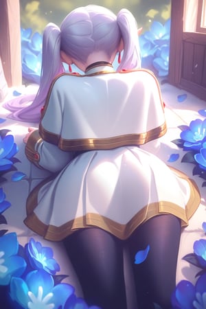 best quality, masterpiece \(quality\), L0LSPL4SH, year2024, year2023, Frieren, grey hair, twintails, white clothing,  white skirt, black tights, vivid colors, sits surrounded by flowers, blue flowers, calm