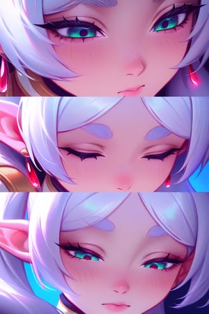 best quality, masterpiece \(quality\), L0LSPL4SH, year2024, year2023, Frieren, grey hair, twintails, white clothing,  white skirt, black tights, vivid colors, emotional, looks down, portrait, close-up shot, face focus,