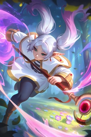 best quality, masterpiece \(quality\), L0LSPL4SH, year2024, year2023, Frieren, grey hair, twintails, white clothing,  white skirt, black tights, staff, flying, casting magic, dynamic, vivid colors, forest,colorful flowers,