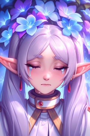 best quality, masterpiece \(quality\), L0LSPL4SH, year2024, year2023, Frieren, grey hair, twintails, white clothing,  white skirt, black tights, vivid colors, lies surrounded by flowers, blue flowers, calm, looks at viewer, portrait, upper_body, eyes closed, cries,  single photo