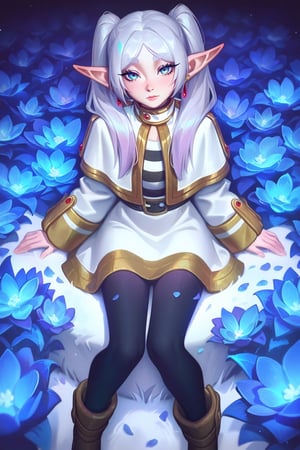 best quality, masterpiece \(quality\), L0LSPL4SH, year2024, year2023, Frieren, grey hair, twintails, white clothing,  white skirt, black tights, vivid colors, sits surrounded by flowers, blue flowers, calm, looks at viewer,