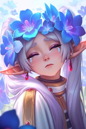 best quality, masterpiece \(quality\), L0LSPL4SH, year2024, year2023, Frieren, grey hair, twintails, white clothing,  white skirt, black tights, vivid colors, lies surrounded by flowers, blue flowers, calm, looks at viewer, portrait, eyes closed, cries,  single image, (solo:1.2)