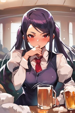 score_9, score_8_up, score_7_up, score_9, score_8_up, source_anime,jill stingray, dark violet hair, twin tails, necktie, skirt, vest, white shirt, pantyhose,long sleeves, drinking beer, living room , drunk, blush, upper body, looks at viewer, one mug of beer, pint, solo, skimpy, 