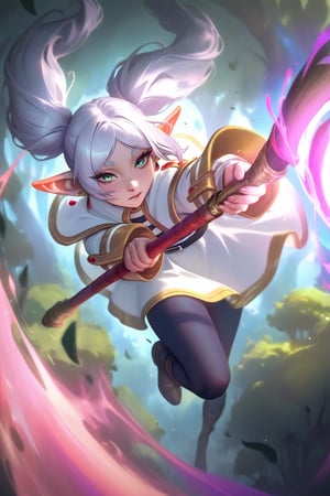 best quality, masterpiece \(quality\), L0LSPL4SH, year2024, year2023, Frieren, grey hair, twintails, white clothing,  white skirt, black tights, staff, flying, casting magic, dynamic, vivid colors, forest, aiming at viewer,