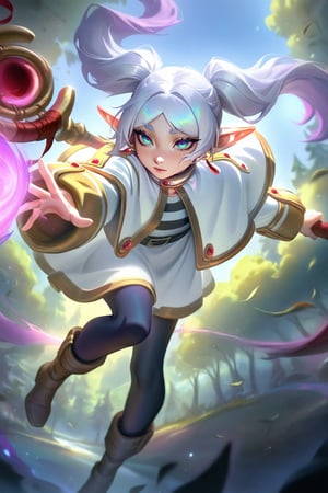 best quality, masterpiece \(quality\), L0LSPL4SH, year2024, year2023, Frieren, grey hair, twintails, white clothing,  white skirt, black tights, staff, flying, casting magic, dynamic, vivid colors, forest, aiming at viewer,