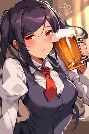 score_9, score_8_up, score_7_up, score_9, score_8_up, source_anime,jill stingray, dark violet hair, twin tails, necktie, skirt, vest, white shirt, pantyhose,long sleeves, drinking beer, living room , drunk, blush, upper body, looks at viewer, one mug of beer, pint, solo, skimpy, 