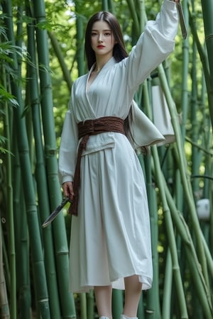 a  White-skinned oriental Female Warrior,
Holding a sword, standing on the bamboo , 
Stand on tiptoes, 
black hair,
big eyes,
Realistic,



 looking at viewer,  photorealistic, masterpiece, 
full body with face,
front view