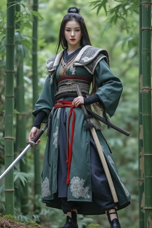 a  White-skinned oriental Female Warrior,
Dressed in swordsman's attire,
Holding a sword, standing on the bamboo , 
Stand on tiptoes, 
black hair,
big eyes,
Realistic,



 looking at viewer,  photorealistic, masterpiece, 
full body with face,
front view