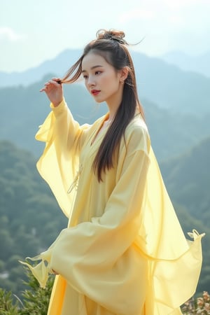 The ethereal oriental beauty standing on the mountain peak,
wearing a yellow gauze ancient costume,
 stroking her hair with one hand,
fluttering in the wind,
looking into the distance,
front view