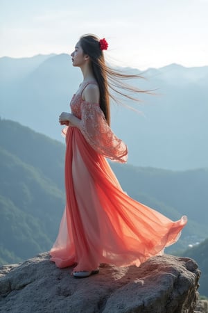 The ethereal oriental beauty standing on the mountain peak